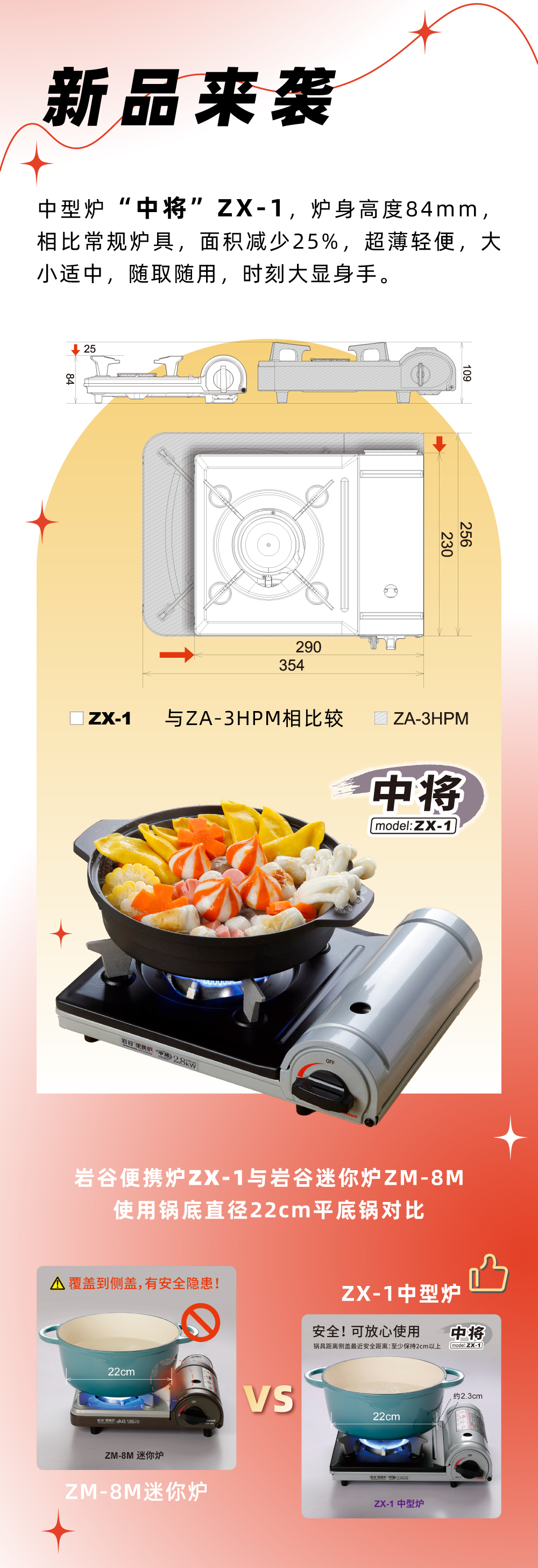 多宝官网便携炉ZX-1，炉身高度84mm，相比常规炉具，面积减少25%，
超薄轻便，大小适中，随取随用，时刻大显身手。